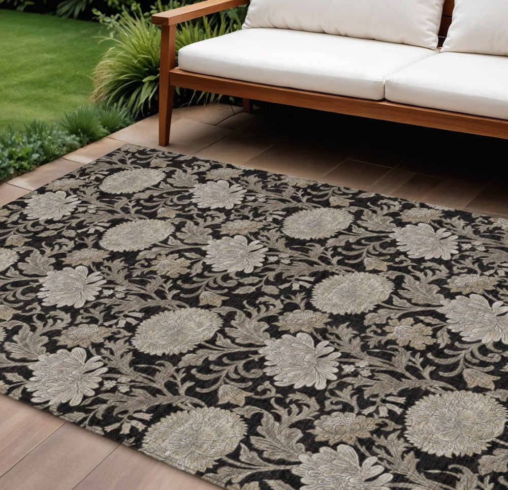HomeRoots 9' Black Taupe and Beige Floral Washable Indoor Outdoor Area Rug for Stylish and Durable Spaces 9' X 12' 581219