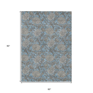 Homeroots 3' Artichoke Green And Gray Floral Washable Area Rug For Indoor And Outdoor Spaces, Durable Design 5' X 8' Polyester 581222