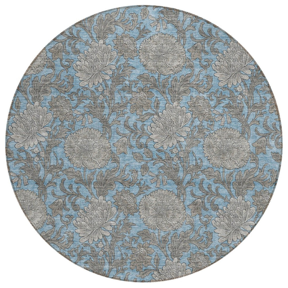 HomeRoots 5' Blue Gray Silver Floral Washable Area Rug - Durable Indoor Outdoor Design for High-Traffic Spaces 8' Round 581223
