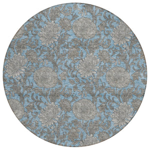 HomeRoots 5' Blue Gray Silver Floral Washable Area Rug - Durable Indoor Outdoor Design for High-Traffic Spaces 8' Round 581223