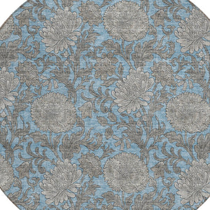 Homeroots 3' Artichoke Green And Gray Floral Washable Area Rug For Indoor And Outdoor Spaces, Durable Design 8' Round Polyester 581223