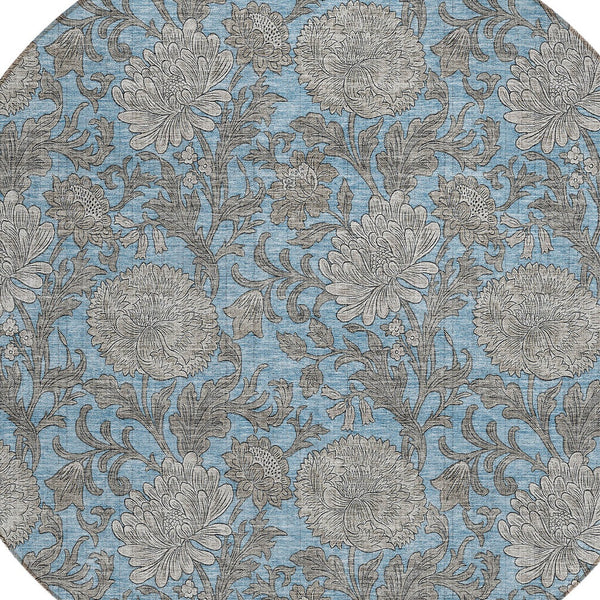 Homeroots 3' Artichoke Green And Gray Floral Washable Area Rug For Indoor And Outdoor Spaces, Durable Design 8' Round Polyester 581223