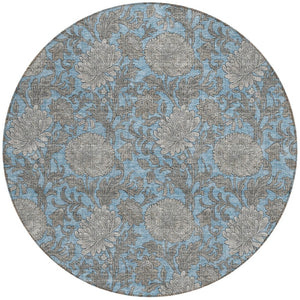 Homeroots 3' Artichoke Green And Gray Floral Washable Area Rug For Indoor And Outdoor Spaces, Durable Design 8' Round Polyester 581223
