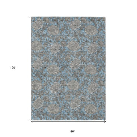 Homeroots 3' Artichoke Green And Gray Floral Washable Area Rug For Indoor And Outdoor Spaces, Durable Design 8' X 10' Polyester 581224