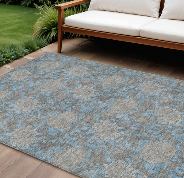 Homeroots 3' Artichoke Green And Gray Floral Washable Area Rug For Indoor And Outdoor Spaces, Durable Design 8' X 10' Polyester 581224