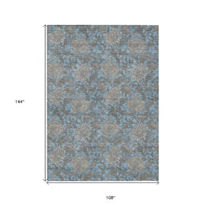 Homeroots 3' Artichoke Green And Gray Floral Washable Area Rug For Indoor And Outdoor Spaces, Durable Design 9' X 12' Polyester 581225