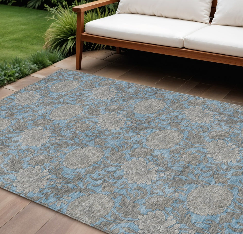HomeRoots 9' Elegant Blue-Gray and Silver Floral Indoor-Outdoor Area Rug for Easy Care and Style 9' X 12' 581225