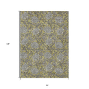 Homeroots 3' Artichoke Green And Gray Floral Washable Area Rug For Indoor And Outdoor Spaces, Durable Design 3' X 5' Polyester 581227