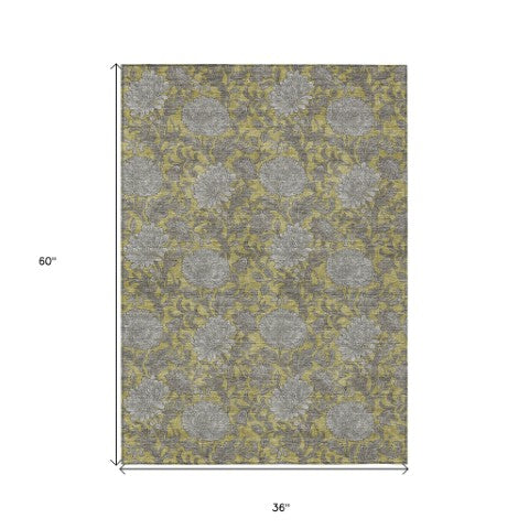 Homeroots 3' Artichoke Green And Gray Floral Washable Area Rug For Indoor And Outdoor Spaces, Durable Design 3' X 5' Polyester 581227