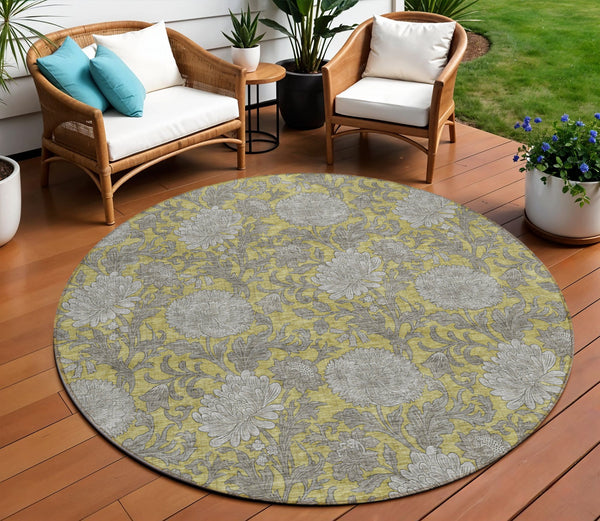 Homeroots 3' Artichoke Green And Gray Floral Washable Area Rug For Indoor And Outdoor Spaces, Durable Design 8' Round Polyester 581229