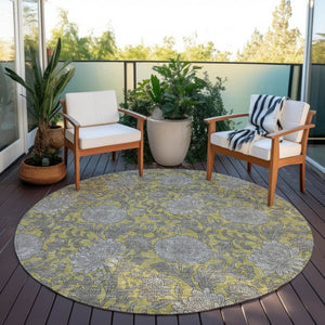 Homeroots 3' Artichoke Green And Gray Floral Washable Area Rug For Indoor And Outdoor Spaces, Durable Design 8' Round Polyester 581229
