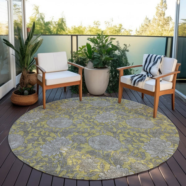 Homeroots 3' Artichoke Green And Gray Floral Washable Area Rug For Indoor And Outdoor Spaces, Durable Design 8' Round Polyester 581229