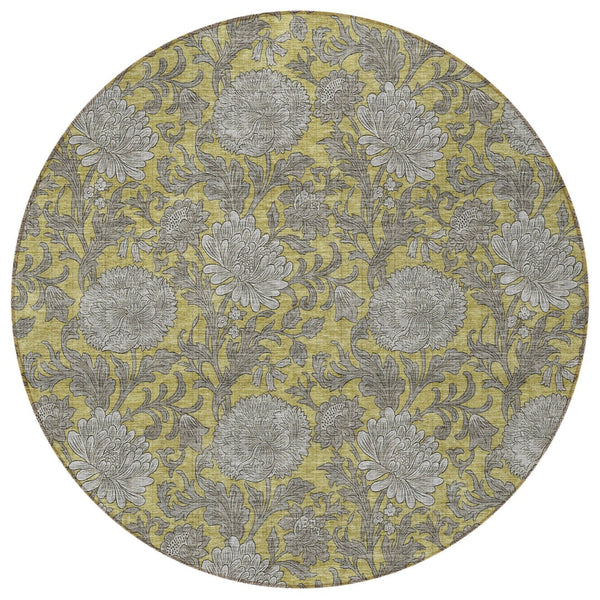 Homeroots 3' Artichoke Green And Gray Floral Washable Area Rug For Indoor And Outdoor Spaces, Durable Design 8' Round Polyester 581229
