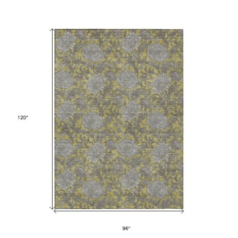 Homeroots 3' Artichoke Green And Gray Floral Washable Area Rug For Indoor And Outdoor Spaces, Durable Design 8' X 10' Polyester 581230