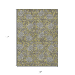 Homeroots 3' Artichoke Green And Gray Floral Washable Area Rug For Indoor And Outdoor Spaces, Durable Design 9' X 12' Polyester 581231