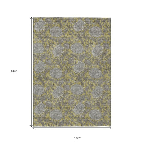 Homeroots 3' Artichoke Green And Gray Floral Washable Area Rug For Indoor And Outdoor Spaces, Durable Design 9' X 12' Polyester 581231