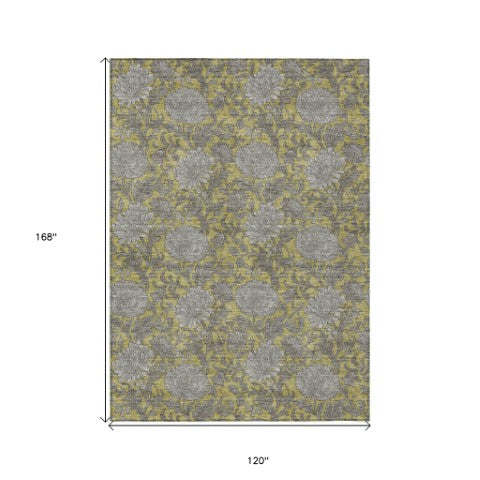 Homeroots 3' Artichoke Green And Gray Floral Washable Area Rug For Indoor And Outdoor Spaces, Durable Design 10' X 14' Polyester 581232