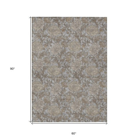 Homeroots 3' Artichoke Green And Gray Floral Washable Area Rug For Indoor And Outdoor Spaces, Durable Design 5' X 8' Polyester 581234