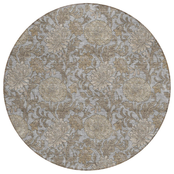 HomeRoots 5' Elegant Gray-Silver and Taupe Floral Area Rug for Indoor and Outdoor Spaces, Washable & Durable 8' Round 581235