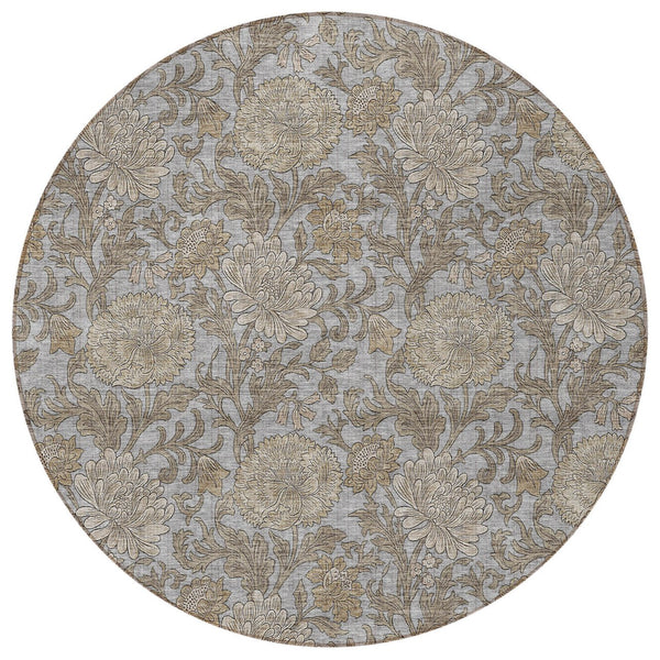 Homeroots 3' Artichoke Green And Gray Floral Washable Area Rug For Indoor And Outdoor Spaces, Durable Design 8' Round Polyester 581235