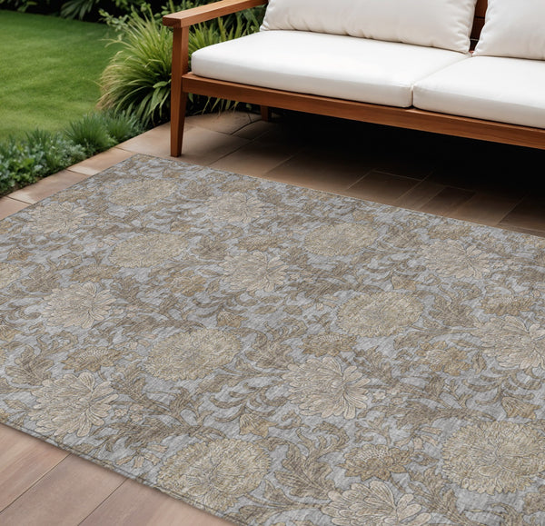 Homeroots 3' Artichoke Green And Gray Floral Washable Area Rug For Indoor And Outdoor Spaces, Durable Design 8' X 10' Polyester 581236