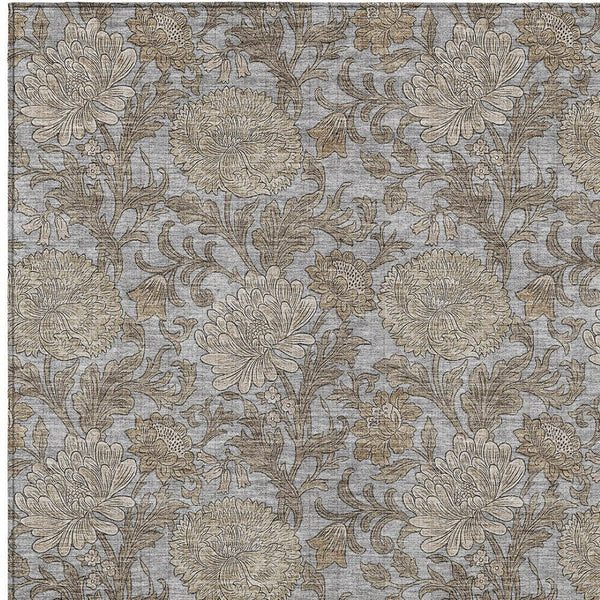 Homeroots 3' Artichoke Green And Gray Floral Washable Area Rug For Indoor And Outdoor Spaces, Durable Design 8' X 10' Polyester 581236