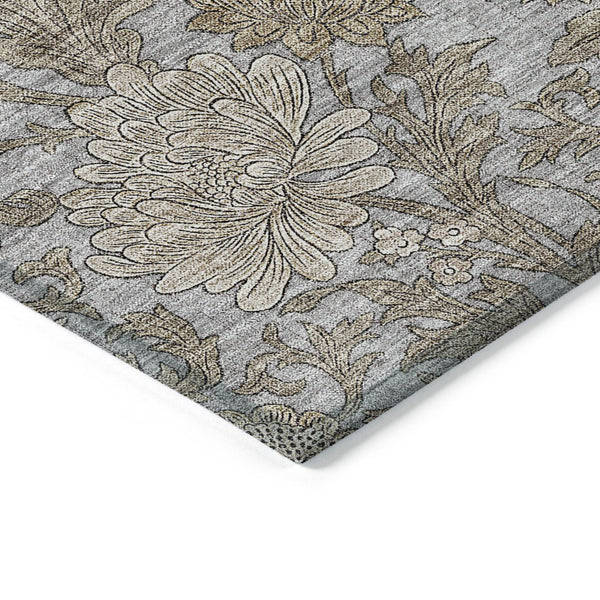 Homeroots 3' Artichoke Green And Gray Floral Washable Area Rug For Indoor And Outdoor Spaces, Durable Design 9' X 12' Polyester 581237