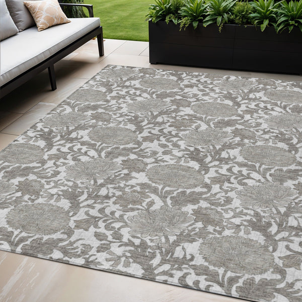 Homeroots 3' Artichoke Green And Gray Floral Washable Area Rug For Indoor And Outdoor Spaces, Durable Design 5' X 8' Polyester 581240