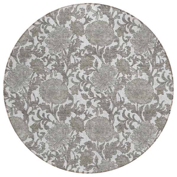 HomeRoots 5' Floral Indoor Outdoor Area Rug - Stylish Ivory and Gray Design, Washable & Durable for All Spaces 8' Round 581241