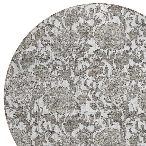 Homeroots 3' Artichoke Green And Gray Floral Washable Area Rug For Indoor And Outdoor Spaces, Durable Design 8' Round Polyester 581241