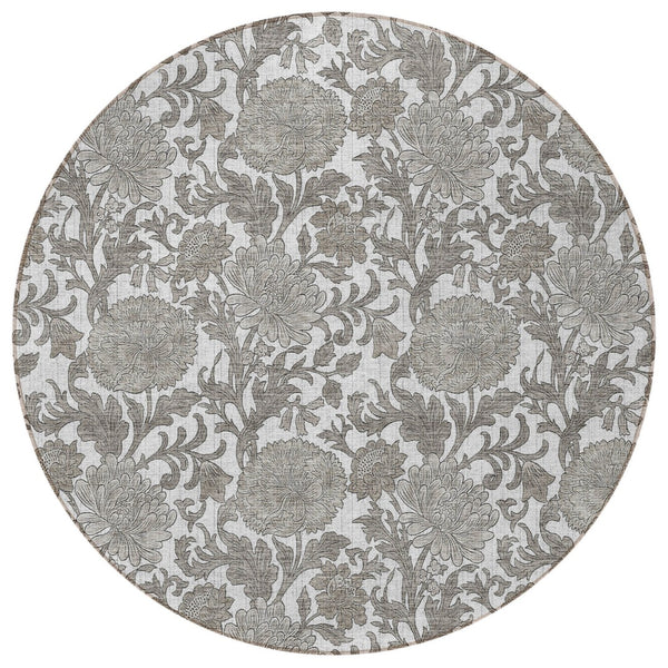 Homeroots 3' Artichoke Green And Gray Floral Washable Area Rug For Indoor And Outdoor Spaces, Durable Design 8' Round Polyester 581241