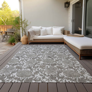 Homeroots 3' Artichoke Green And Gray Floral Washable Area Rug For Indoor And Outdoor Spaces, Durable Design 8' X 10' Polyester 581242