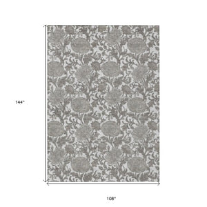 Homeroots 3' Artichoke Green And Gray Floral Washable Area Rug For Indoor And Outdoor Spaces, Durable Design 9' X 12' Polyester 581243