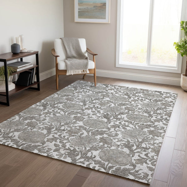Homeroots 3' Artichoke Green And Gray Floral Washable Area Rug For Indoor And Outdoor Spaces, Durable Design 9' X 12' Polyester 581243