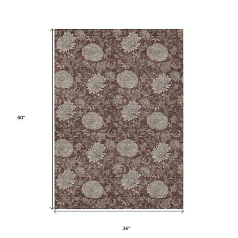 Homeroots 3' Artichoke Green And Gray Floral Washable Area Rug For Indoor And Outdoor Spaces, Durable Design 3' X 5' Polyester 581245