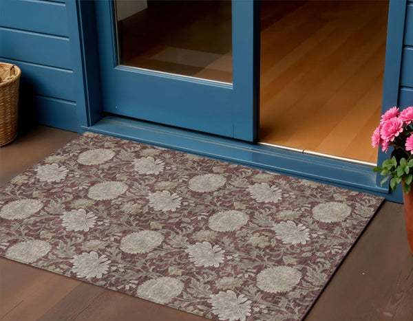 Homeroots 3' Artichoke Green And Gray Floral Washable Area Rug For Indoor And Outdoor Spaces, Durable Design 3' X 5' Polyester 581245