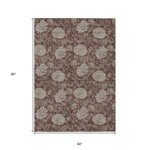 Homeroots 3' Artichoke Green And Gray Floral Washable Area Rug For Indoor And Outdoor Spaces, Durable Design 5' X 8' Polyester 581246