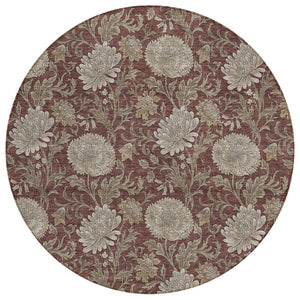 HomeRoots 5' Floral Area Rug in Merlot, Taupe & Beige - Durable, Washable Design for Indoor & Outdoor Spaces 8' Round 581247