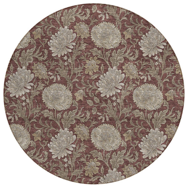 HomeRoots 5' Floral Area Rug in Merlot, Taupe & Beige - Durable, Washable Design for Indoor & Outdoor Spaces 8' Round 581247