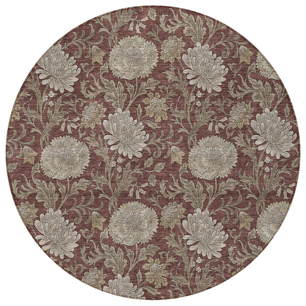Homeroots 3' Artichoke Green And Gray Floral Washable Area Rug For Indoor And Outdoor Spaces, Durable Design 8' Round Polyester 581247