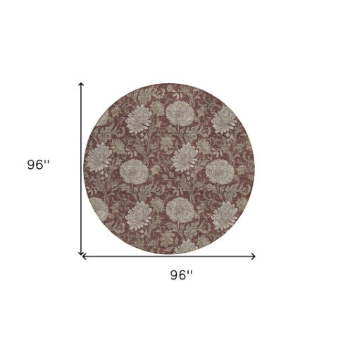 Homeroots 3' Artichoke Green And Gray Floral Washable Area Rug For Indoor And Outdoor Spaces, Durable Design 8' Round Polyester 581247