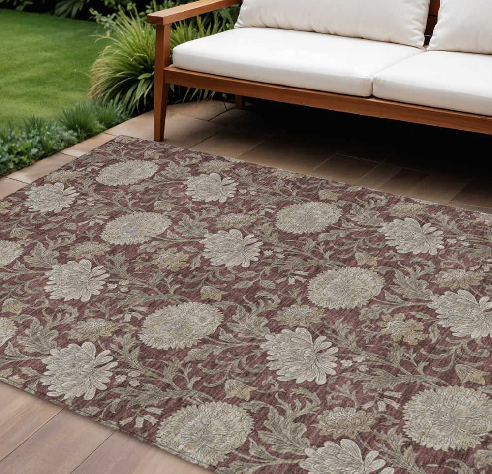 HomeRoots 9' Elegant Merlot Taupe Floral Area Rug - Durable, Washable Design for Indoor & Outdoor Spaces 9' X 12' 581249