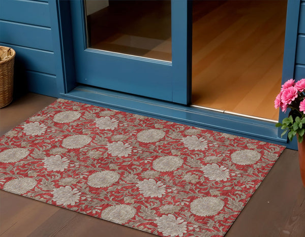 Homeroots 3' Artichoke Green And Gray Floral Washable Area Rug For Indoor And Outdoor Spaces, Durable Design 3' X 5' Polyester 581251