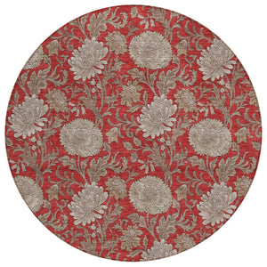 HomeRoots 5' Floral Indoor/Outdoor Area Rug in Red, Taupe & Beige - Machine Washable, Durable & Stylish Home Decor 8' Round 581253
