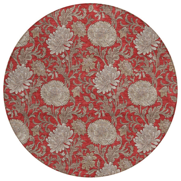 HomeRoots 5' Floral Indoor/Outdoor Area Rug in Red, Taupe & Beige - Machine Washable, Durable & Stylish Home Decor 8' Round 581253
