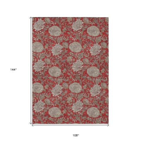 Homeroots 3' Artichoke Green And Gray Floral Washable Area Rug For Indoor And Outdoor Spaces, Durable Design 9' X 12' Polyester 581255