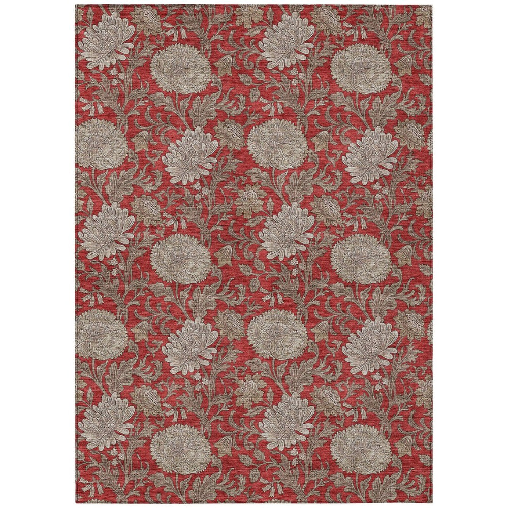 HomeRoots 9' Durable Floral Area Rug in Red, Taupe, and Beige - Washable for Easy Care, Perfect for Indoors & Outdoors 9' X 12' 581255