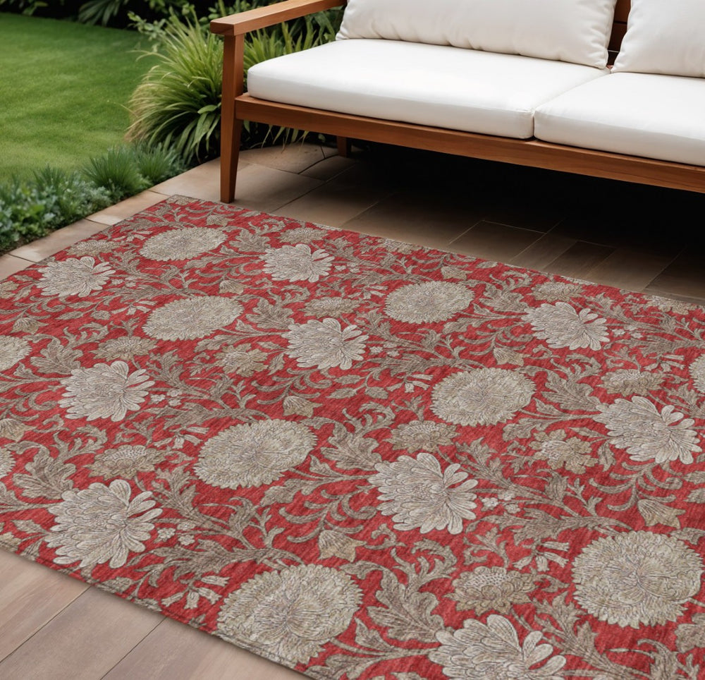 HomeRoots 5' Floral Indoor/Outdoor Area Rug in Red, Taupe & Beige - Machine Washable, Durable & Stylish Home Decor 10' X 14' 581256