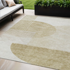 Homeroots 3' Brown Beige Ivory Geometric Indoor Outdoor Area Rug – Durable, Washable, Stylish For Any Space 5' X 8' Polyester 581258