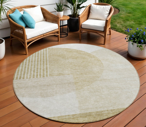 Homeroots 3' Brown Beige Ivory Geometric Indoor Outdoor Area Rug – Durable, Washable, Stylish For Any Space 8' Round Polyester 581259